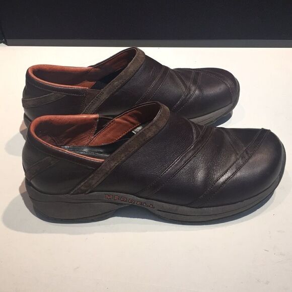 Stylish Comfort: Merrell Ecco Prime Patch Brown Leather Clogs - Size 9 - Picture 6 of 13